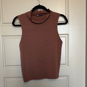 Zara Ruffled Ribbed Tank Top - Brown